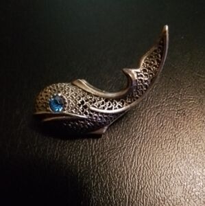 Silver Fish Brooch with Blue Gem